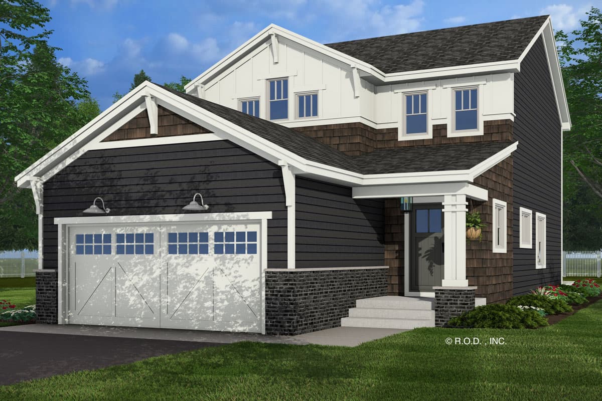 House plan exterior. Two-story Modern Farmhouse with gables, shingle siding, and a two-car garage. Features a covered porch and dormers.
