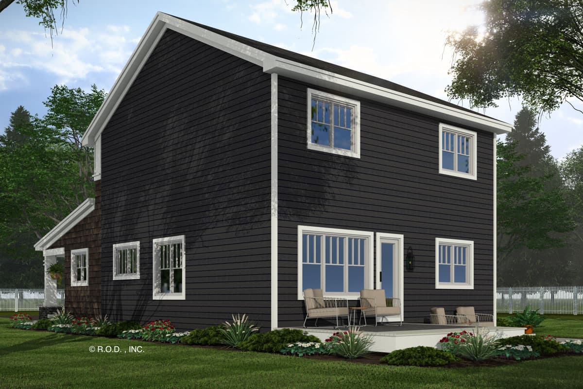 House plan exterior, two stories, dark siding, white trim, multiple windows, and a small porch with seating.