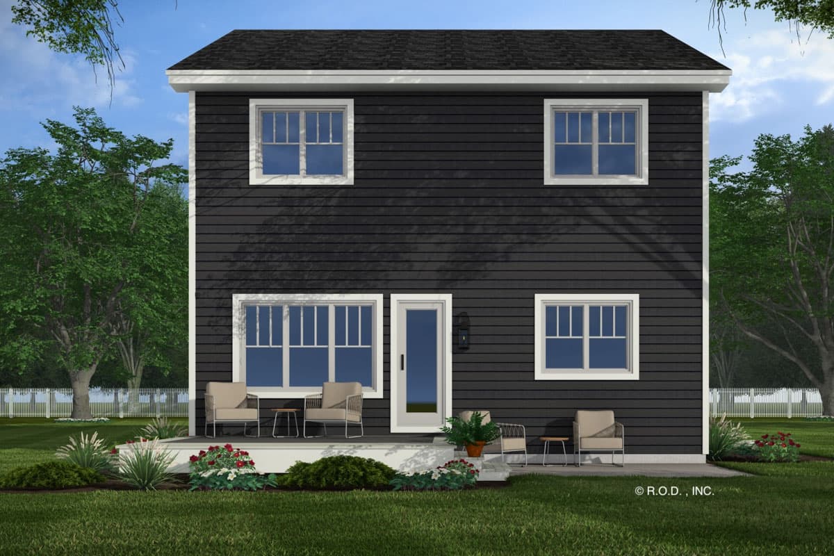 House plan exterior: Two-story modern house with horizontal siding, prominent gables, and a covered front porch.