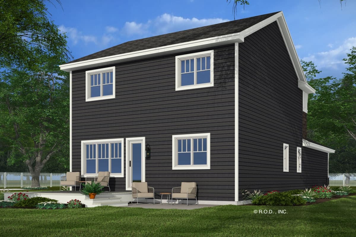Two-story house plan exterior with dark siding, white trim, pitched roof, and a main-level porch with seating.