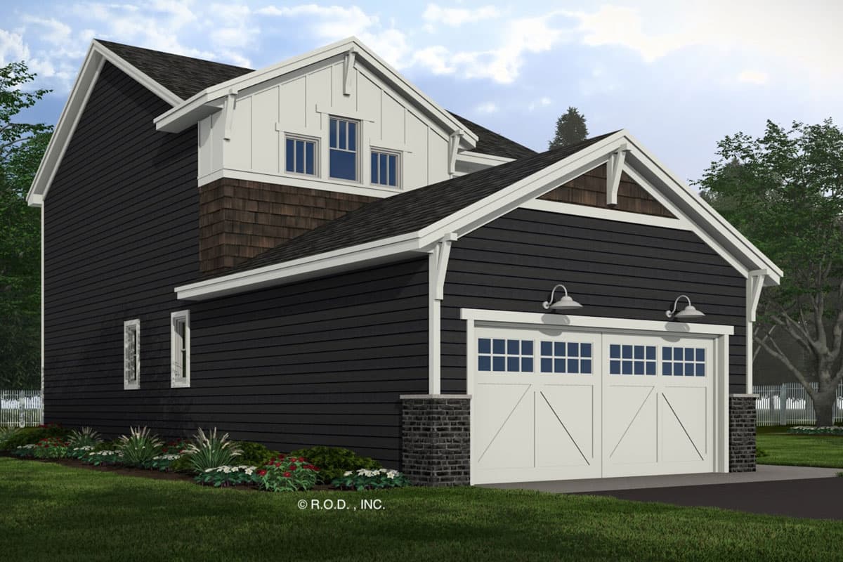 House plan exterior: Modern Farmhouse style with two-car garage, board and batten siding, shingle accents, and gable details.