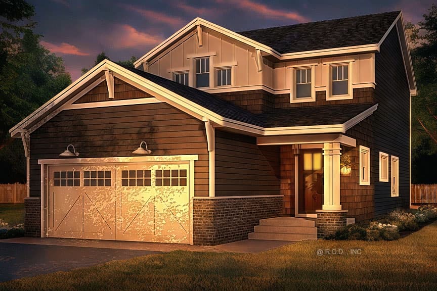 Modern Farmhouse house plan exterior: two stories, gable roof, wide front porch, attached garage, and lap siding.