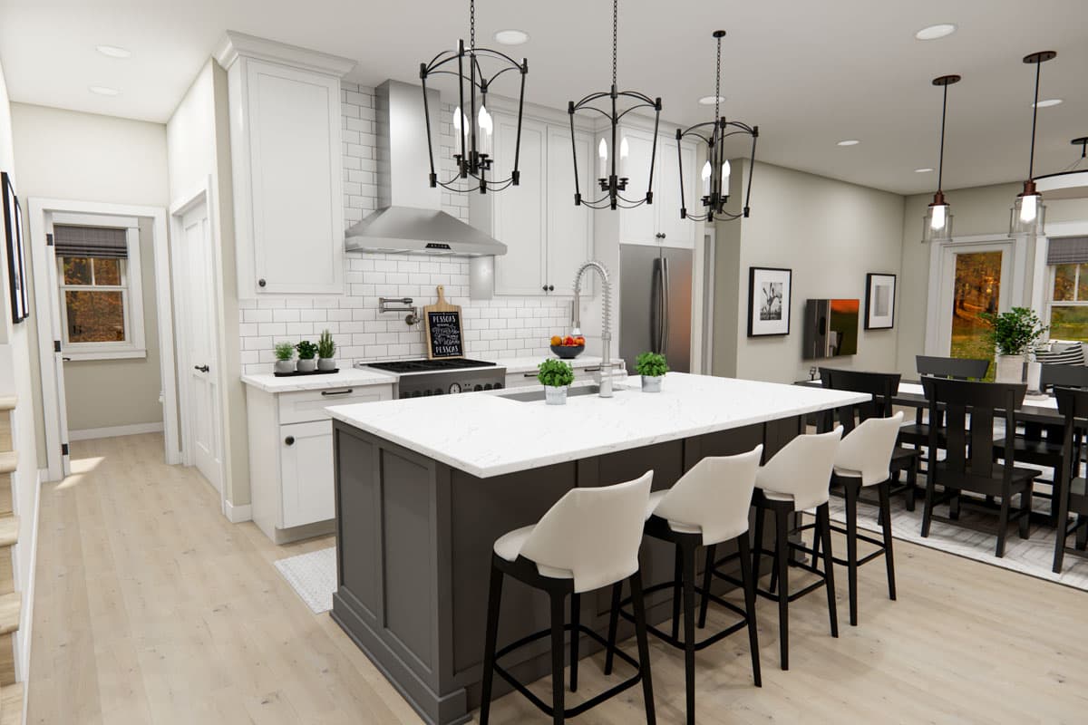 Interior rendering of a kitchen featuring a large island with seating, white subway tile backsplash, stainless steel appliances, and a dining area.