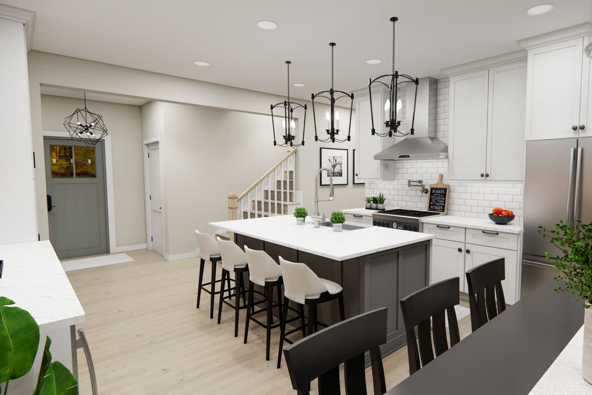 Interior rendering of a kitchen with a large island, white cabinets, stainless steel appliances, subway tile backsplash, and a staircase.