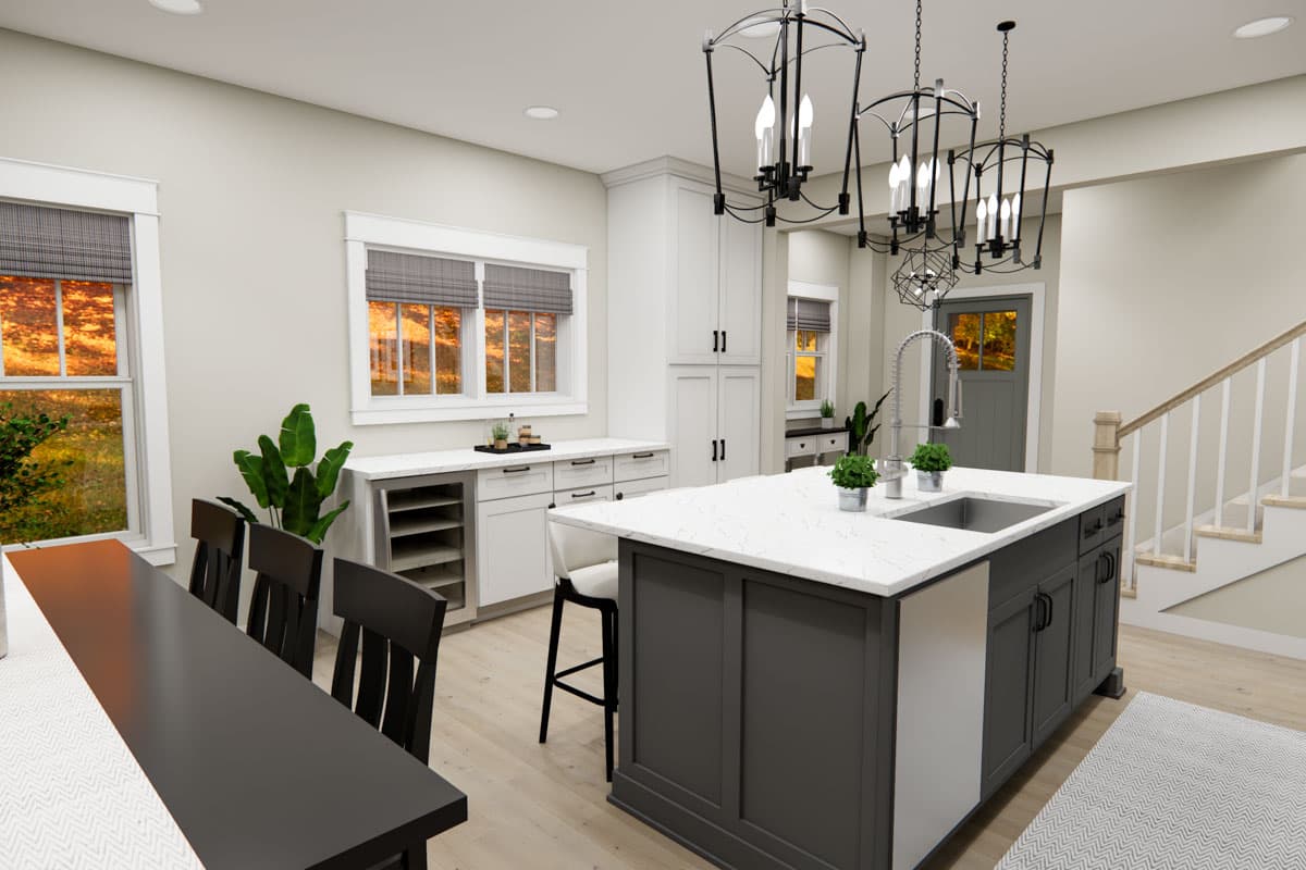 Interior rendering of a kitchen with a large island, farmhouse sink, dining area, and staircase. Features include pendant lighting and windows.