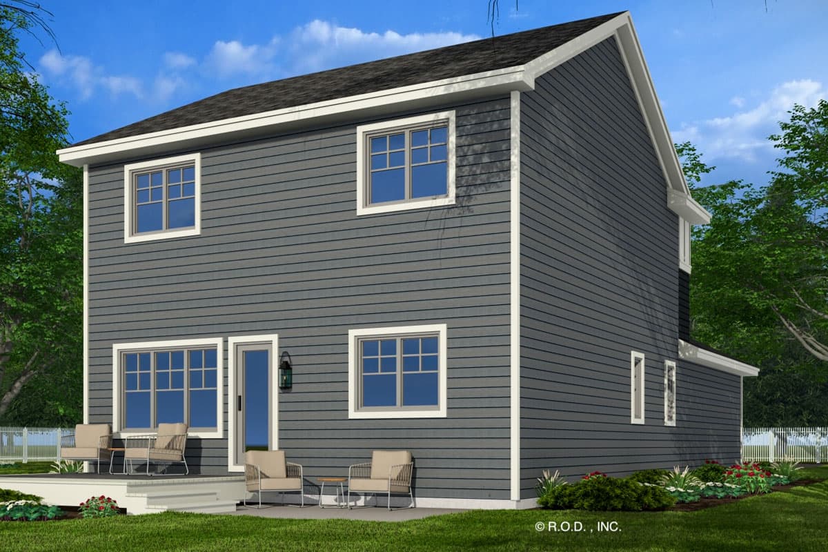 Two-story house plan exterior with dark gray horizontal siding, white trim, gable roof, and multiple windows.