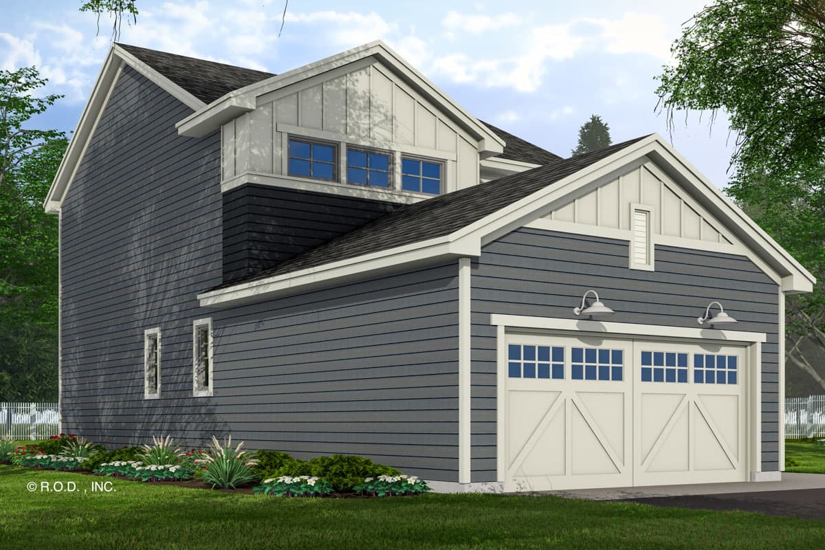 House plan exterior: Modern Farmhouse style, two stories, featuring a side-entry garage, dormers, and board and batten accents.