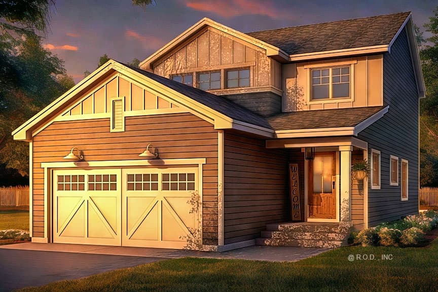 Modern Farmhouse style house plan exterior, two stories, with a two-car garage, gabled dormers, and covered entry porch.