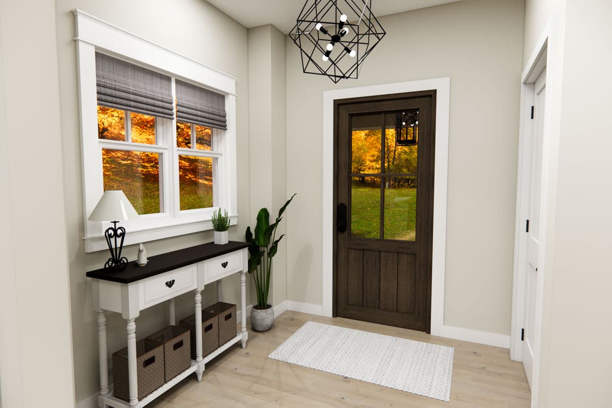 Interior rendering of a entryway with a dark wood door, a window with views of autumn trees, and a console table.