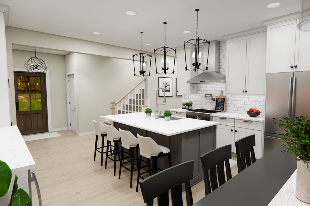 Modern kitchen interior rendering with island, bar seating, white subway tile backsplash, stainless steel appliances, and stairs.