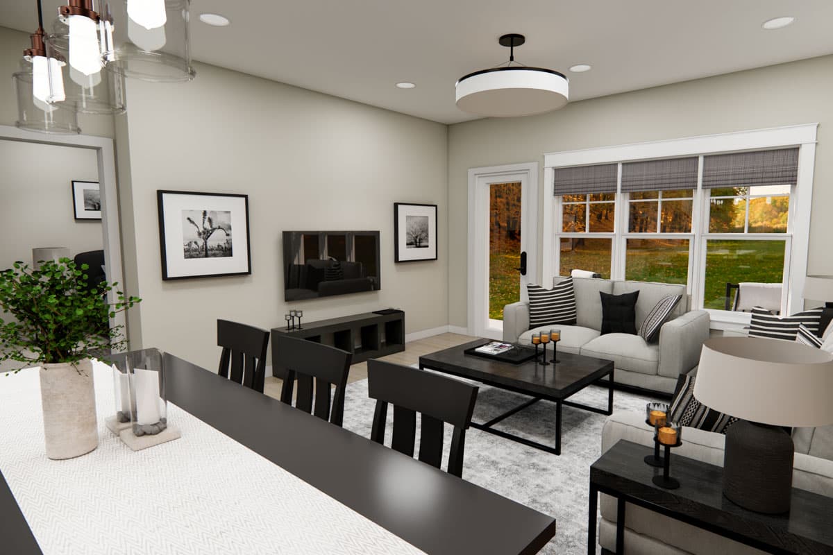 Interior rendering of a living room with a sofa, coffee table, dining table, and large windows with autumn scenery.