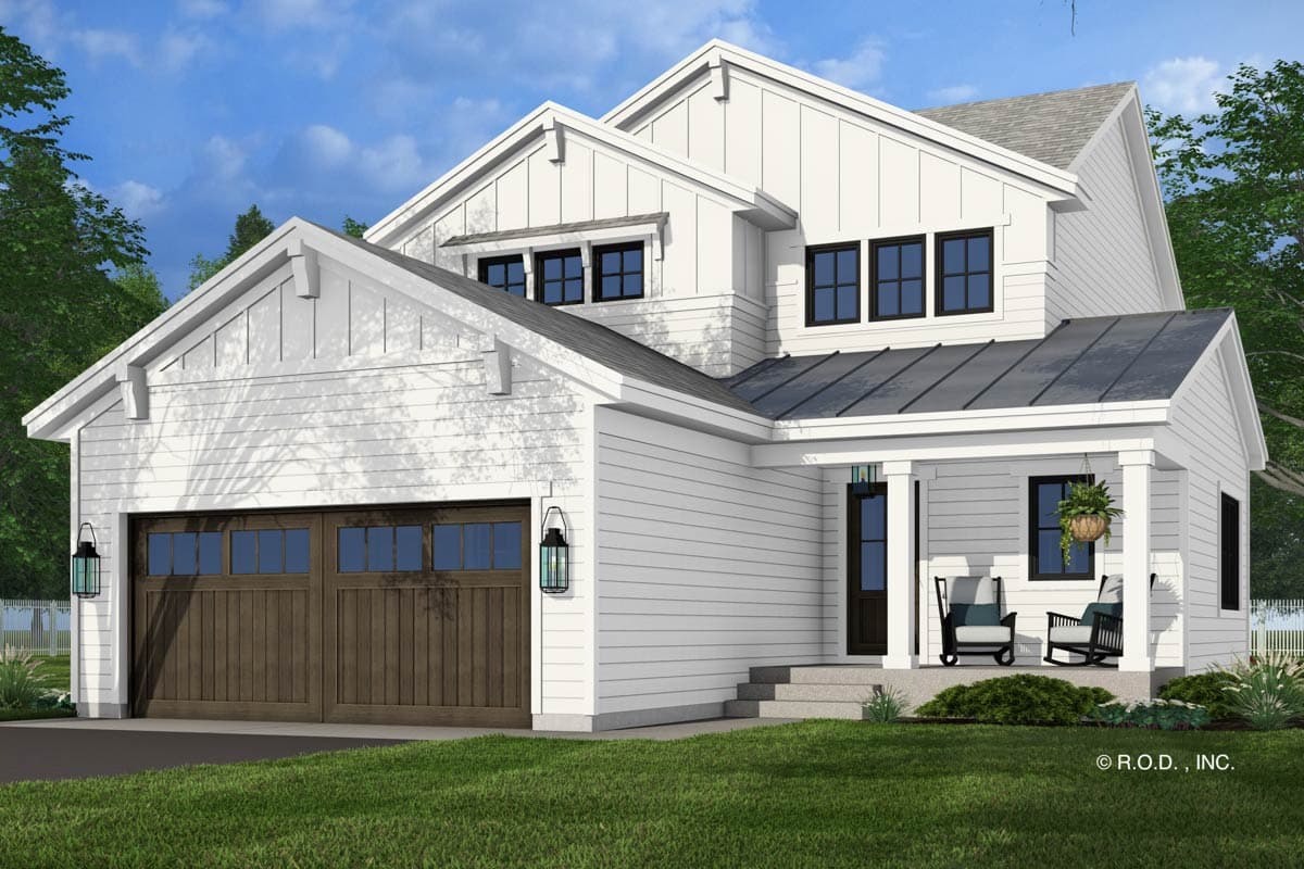 House plan exterior with Modern Farmhouse style, two stories, gable roof, covered porch, and attached garage. Featuring board and batten siding.