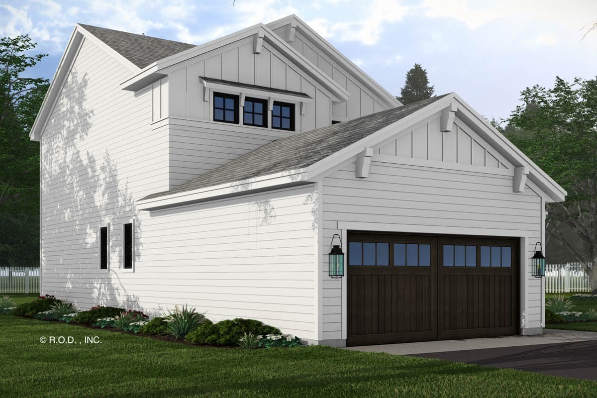 Modern Farmhouse house plan exterior with two-car garage, board-and-batten siding, gable, and dormer windows.