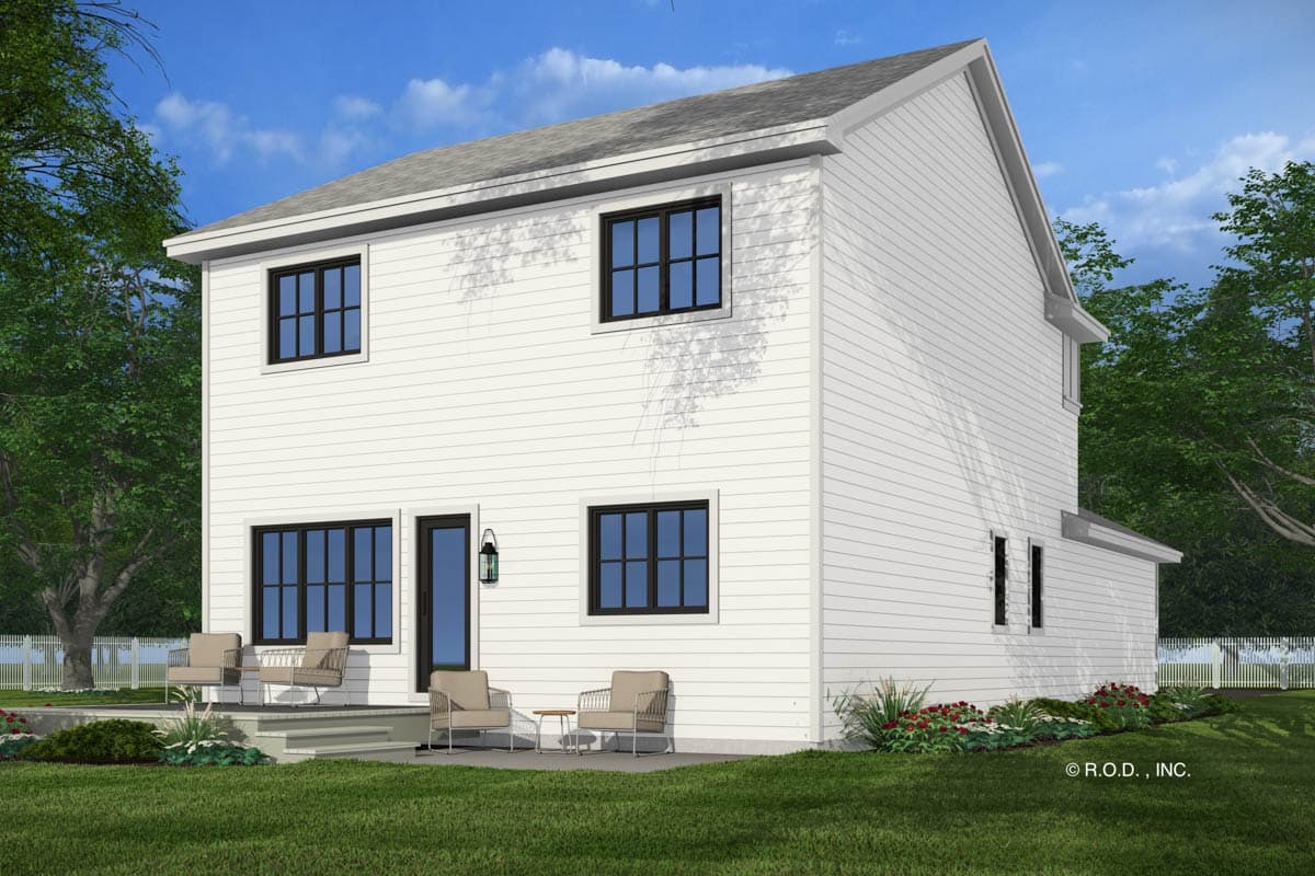 House plan exterior, two-story residence with white siding, gabled roof, and black-framed windows.