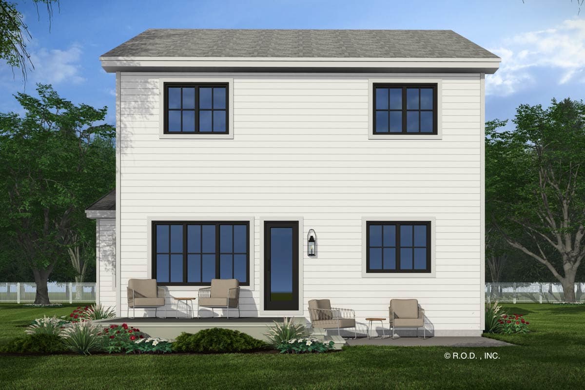 Two-story house plan exterior with horizontal siding, symmetrically placed windows, and a centered front door with a lantern.