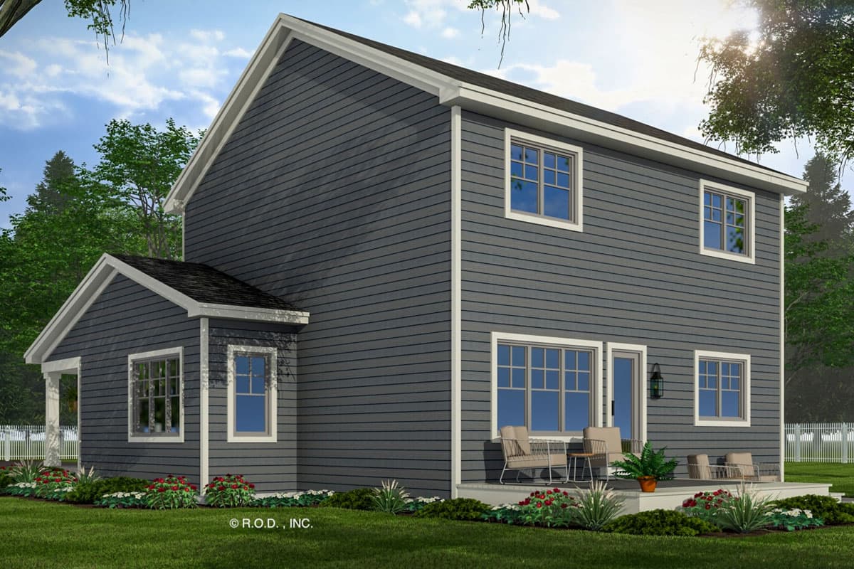 Two-story house plan exterior with gray siding, gabled roof dormers, and a covered porch with columns.