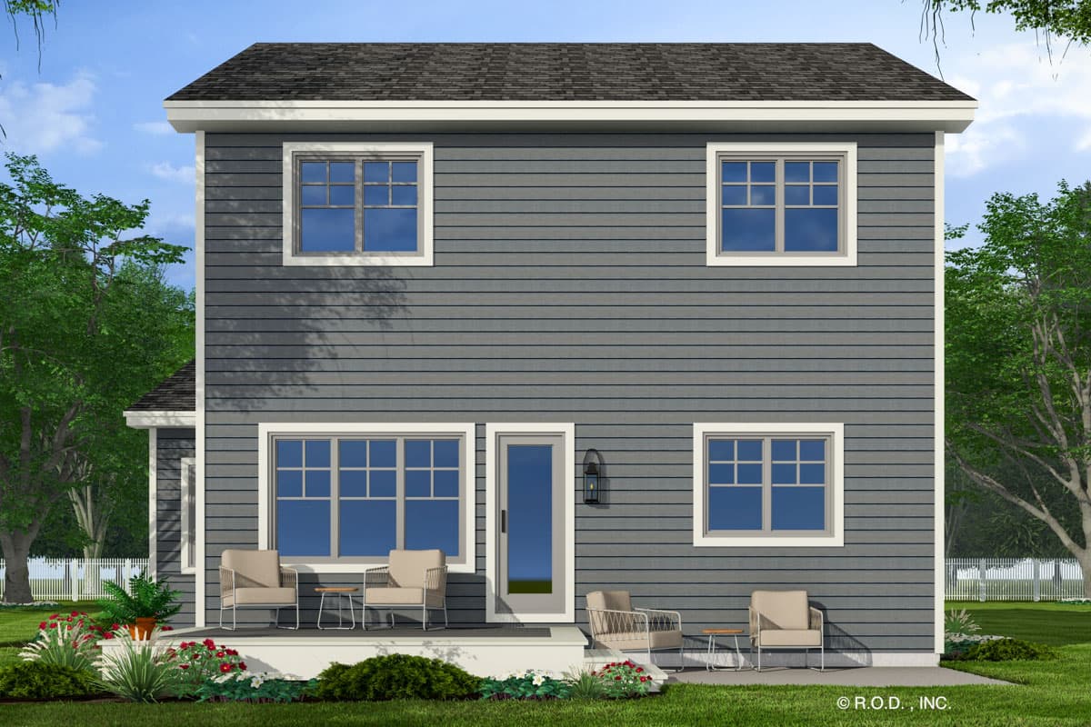 Two-story house plan exterior with horizontal siding, multiple grid windows, a central door, and a covered porch with seating.