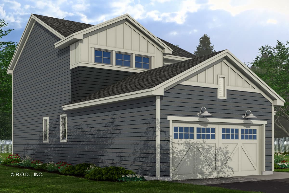 Modern Farmhouse house plan exterior with two-story design, board and batten accents, and a two-car garage.