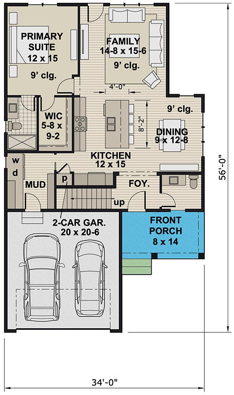 Plan 14887RK: 4-Bed Craftsman House Plan with Second Floor Loft - 2060 Sq Ft - Floor Plan - Main Level - Craftsman, Traditional