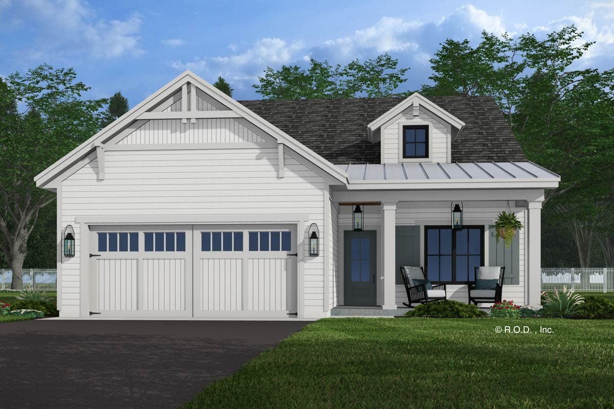 House plan exterior: Modern Farmhouse style, one-story with two-car garage, gable roof, dormer, and covered front porch.