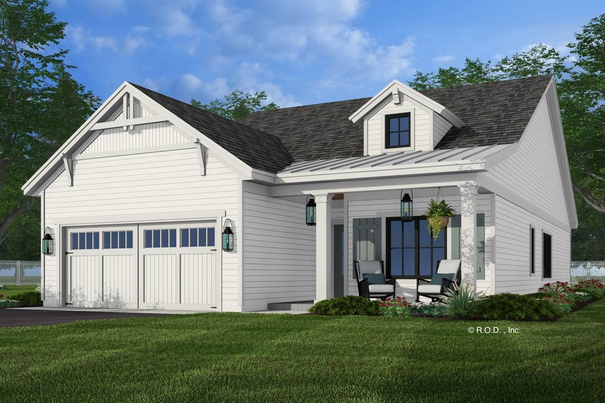Modern Farmhouse house plan exterior with two-car garage, covered front porch, dormer window, and gabled roof.