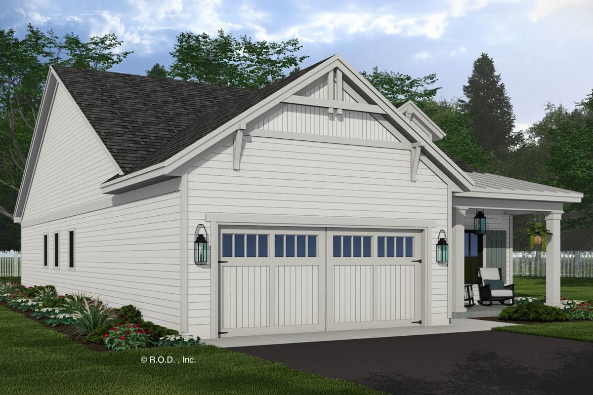 House plan exterior of a two-car garage with a covered porch, gabled roof, and decorative truss detail.