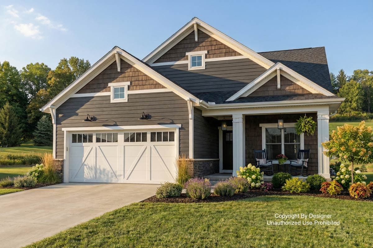 A modern, two-story house with dark gray siding, white trim, and a white garage door, featuring a porch with rocking chairs.