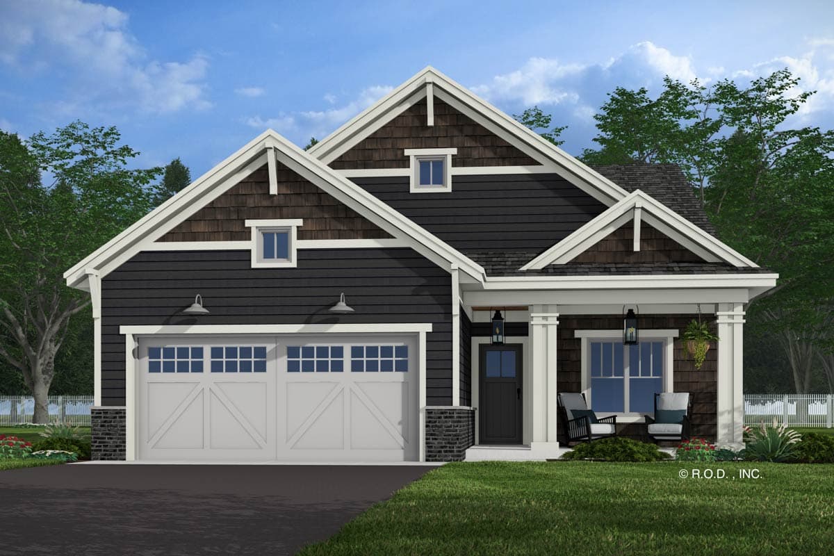 House plan exterior: Modern Farmhouse style, one-story with a two-car garage, front porch with pillars, and multiple gables.