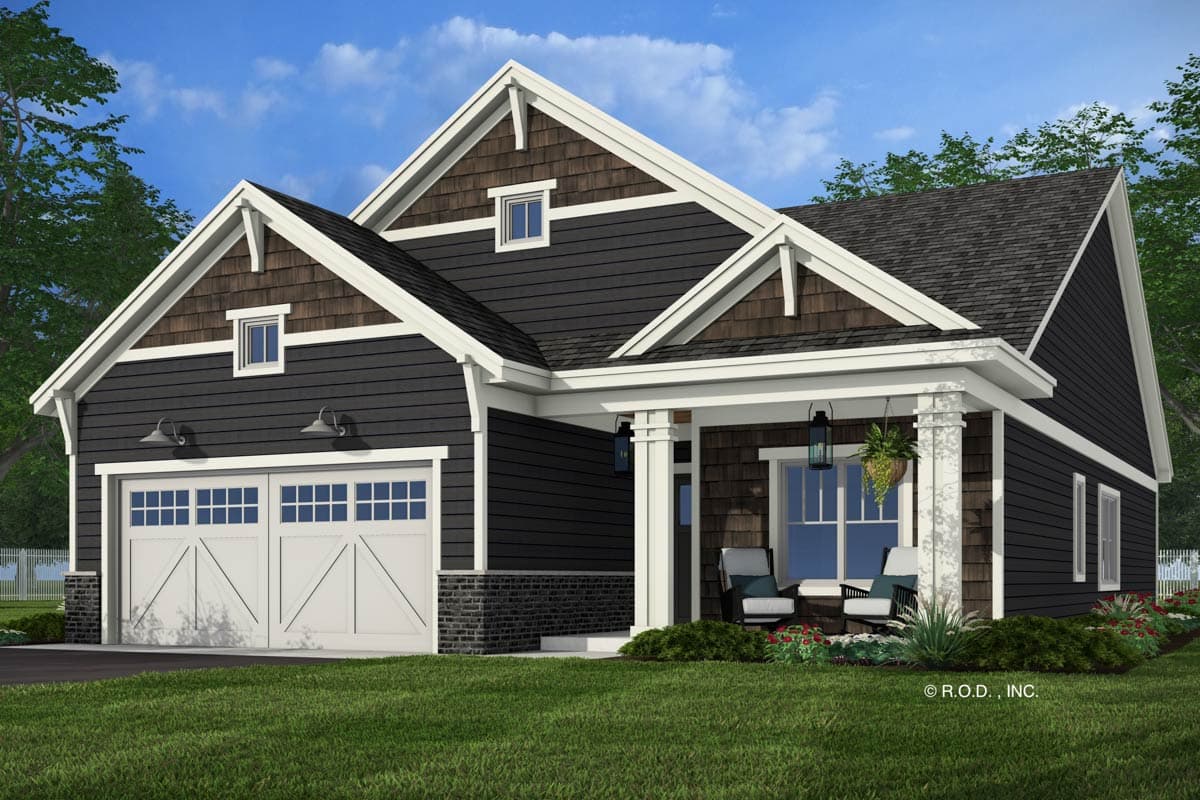 House plan exterior: Modern Farmhouse style, 1.5 stories, with a covered front porch, two garage doors, and gabled dormers.