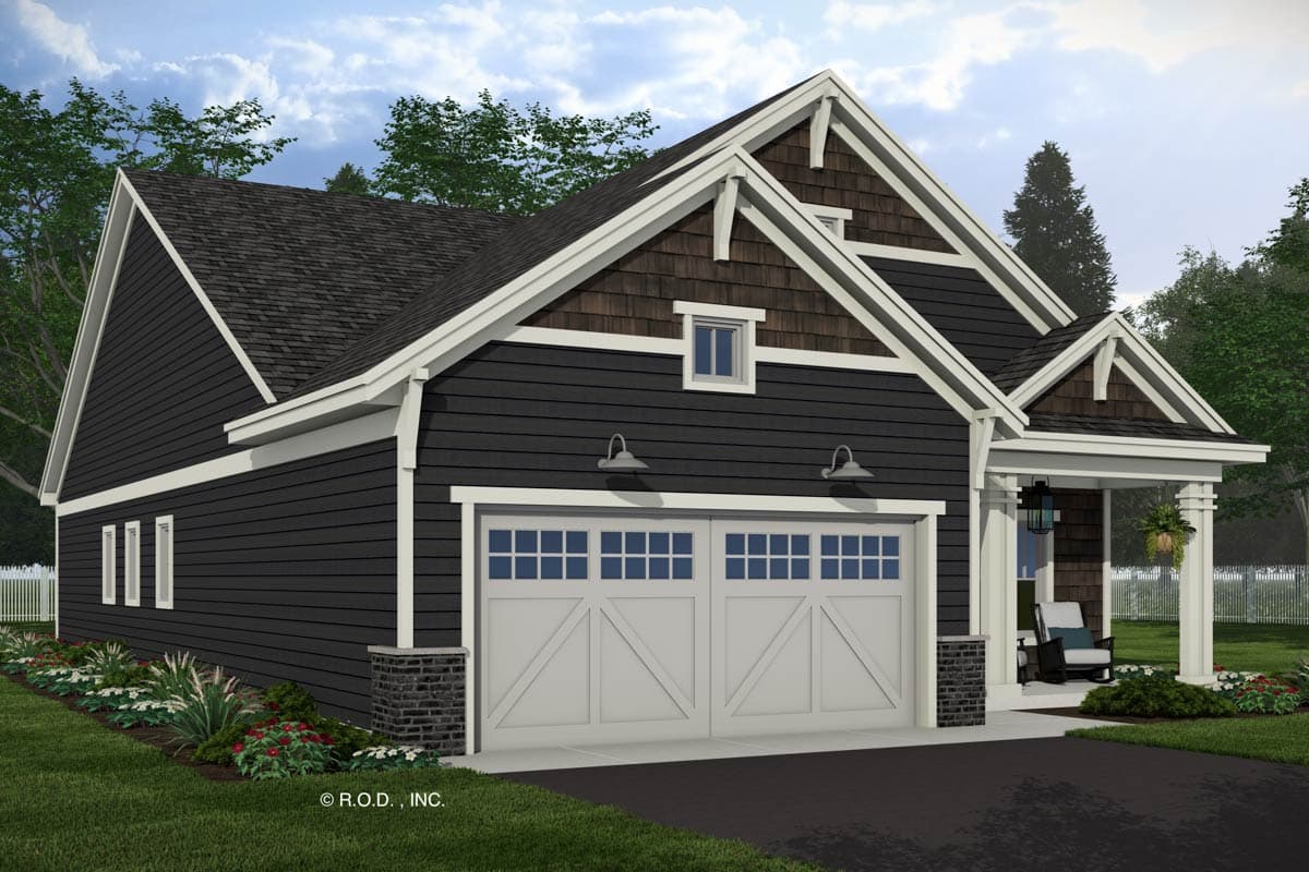 House plan exterior with gabled rooflines, white trim, dark siding, shaker shingles, and a two-car garage.