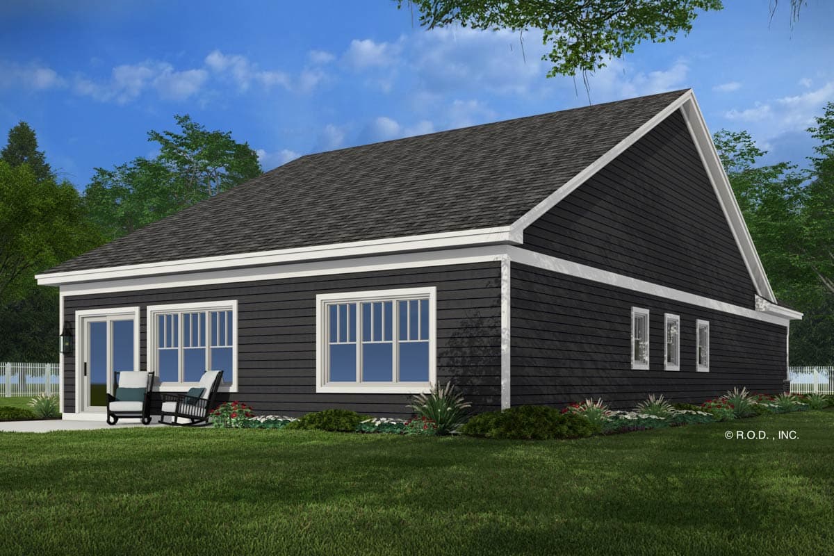 House plan exterior view of one-story home with dark siding, gable roof, and numerous multi-pane windows.