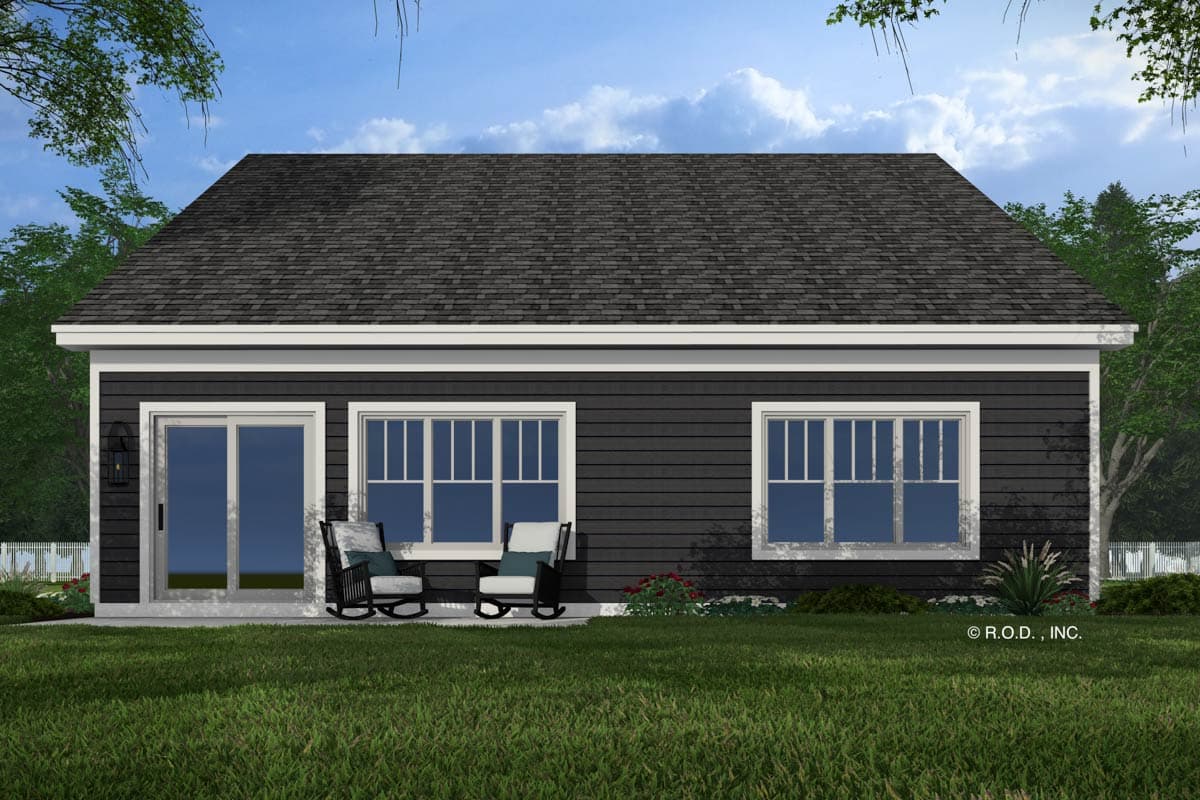 House plan exterior: One-story home with dark siding, sliding glass door, and three multi-pane windows.