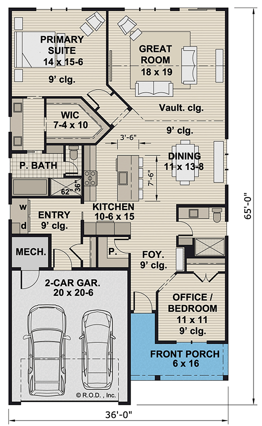 Plan 14890RK: 2-Bed Country Craftsman House Plan Under 1700 sq Ft - Floor Plan - Main Level - Country, Craftsman, New American, Ranch, Traditional
