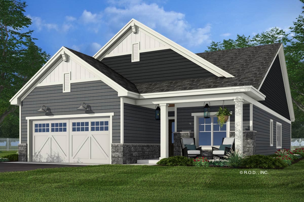 House plan exterior: One-story Modern Farmhouse with gabled dormers, covered front porch, and attached two-car garage.