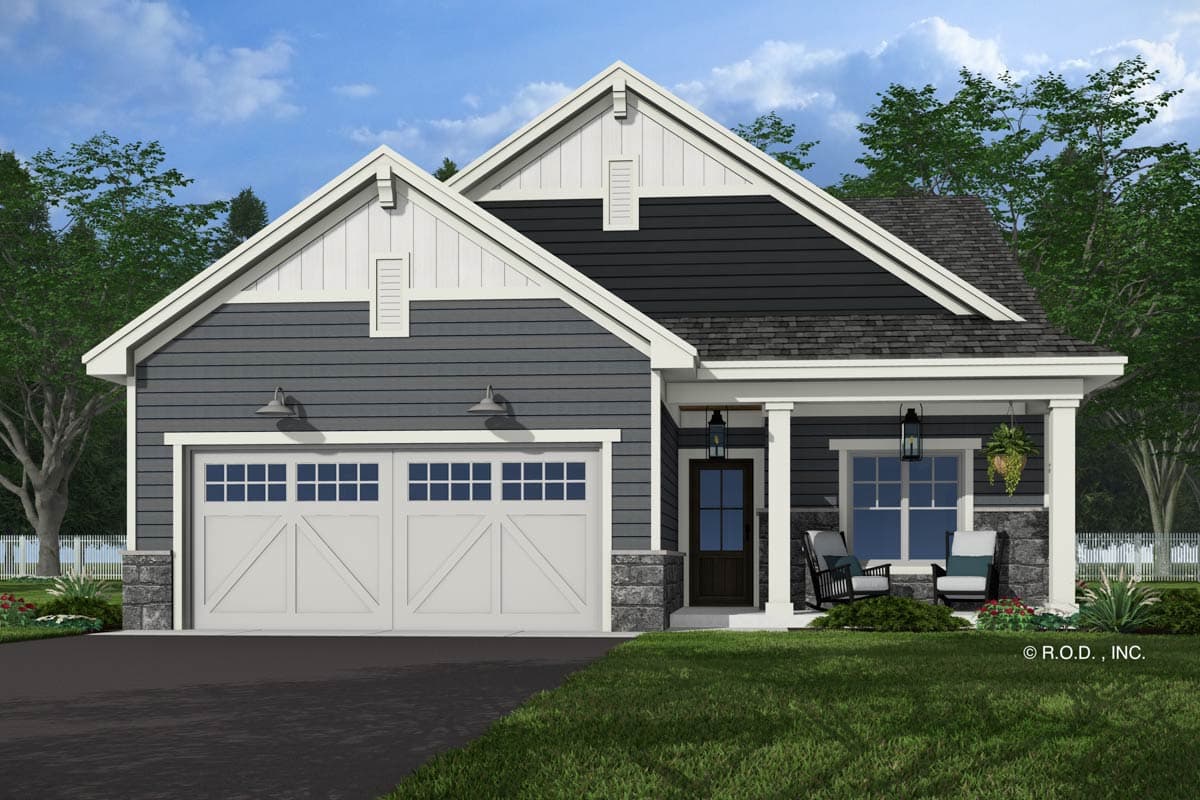 Modern Farmhouse house plan exterior: one story, dual garage doors, gable dormer, covered front porch with stone accents.