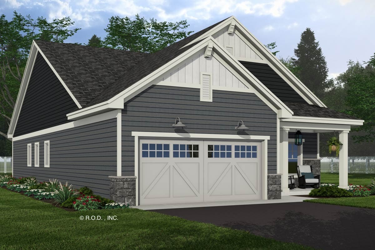 House plan exterior: Modern Farmhouse style, two-car garage with decorative panels, covered front porch, and prominent gables.