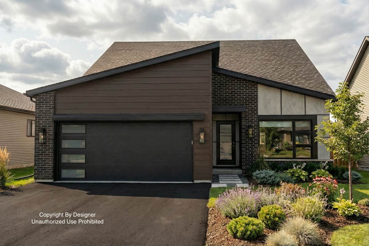 Modern house with dark wood siding, a black garage door, and a brick facade. Landscaping in front includes flowering plants and a small tree.