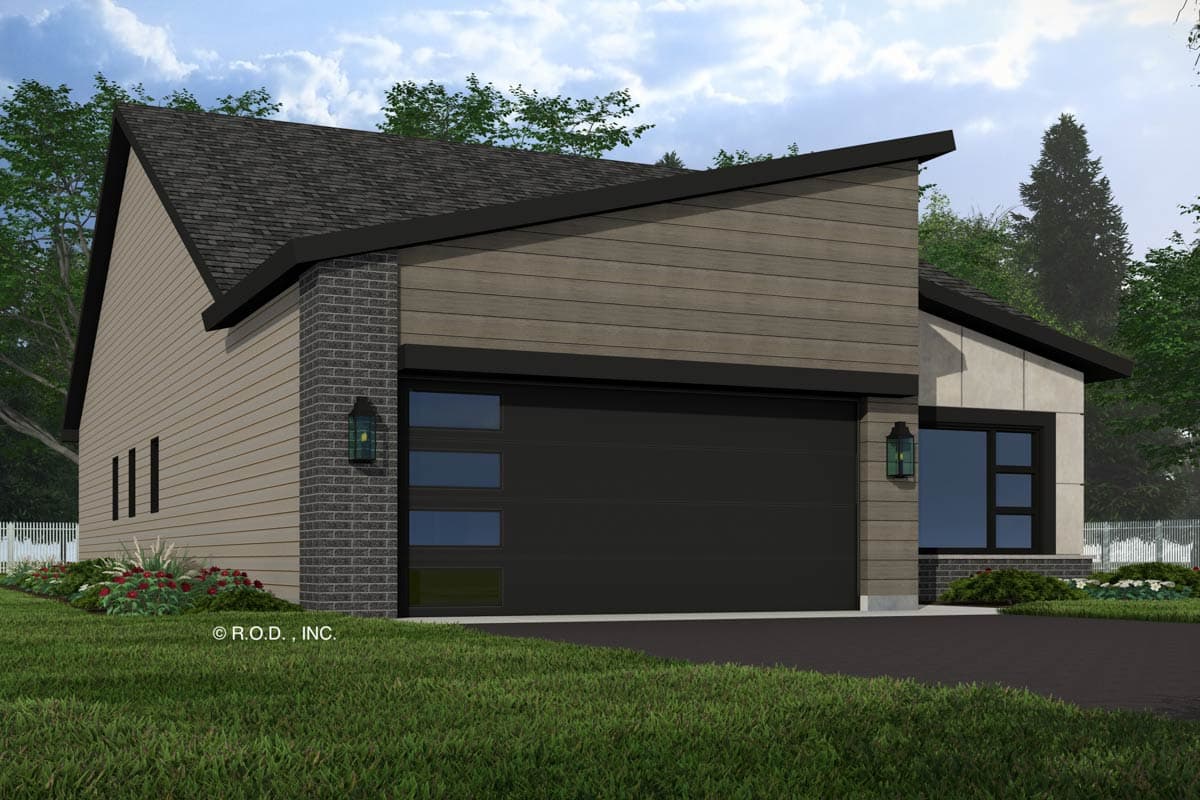 Modern house plan exterior with a distinctive angled roofline, horizontal siding, brick accents, and a multi-pane garage door.