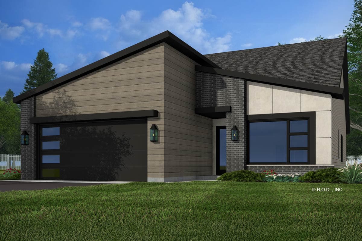 Modern house plan exterior with a two-car garage, horizontal siding, brick accents, and large windows.