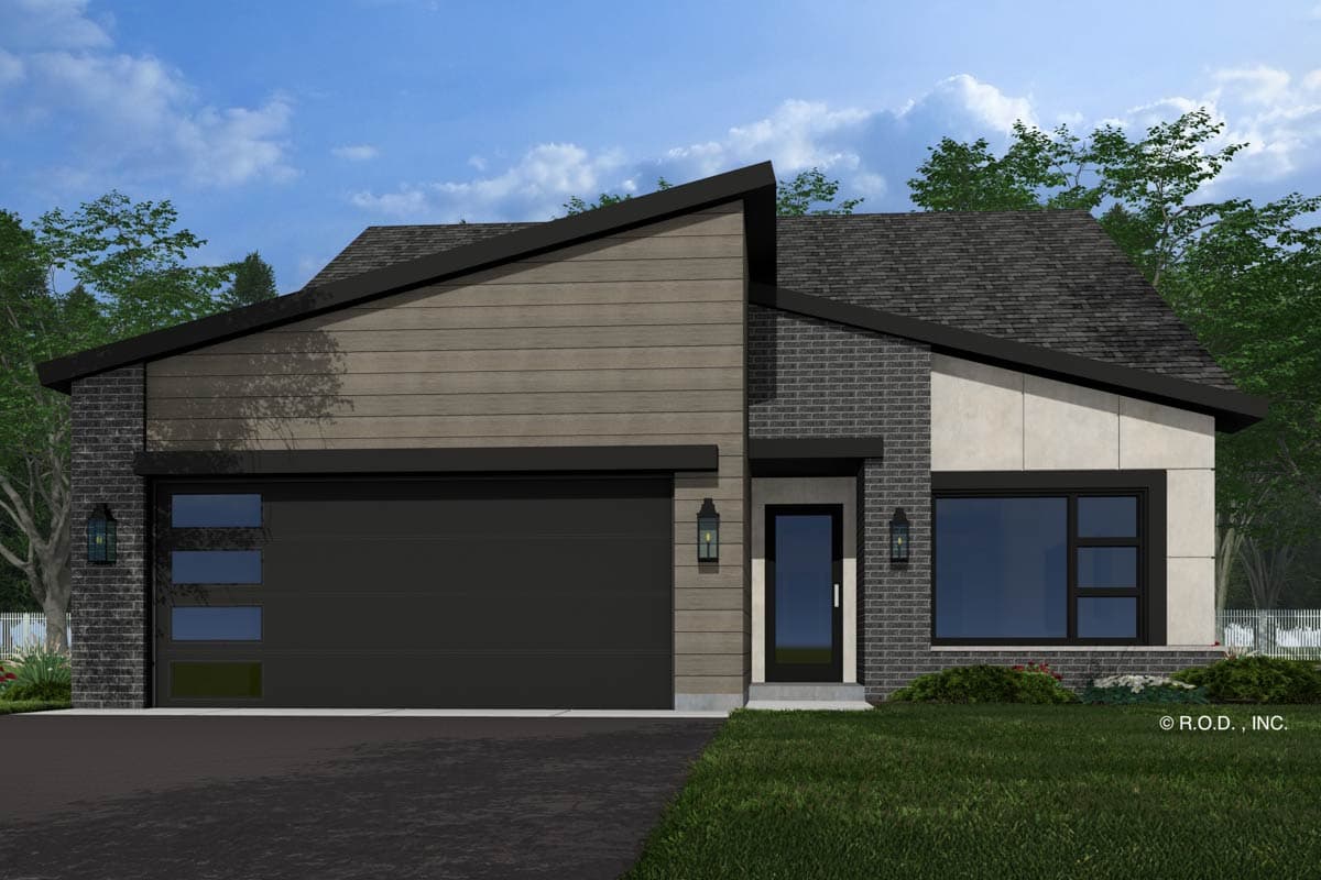 Modern house plan exterior featuring a multi-level roofline, stucco, horizontal siding, brick accents, garage, and large windows.