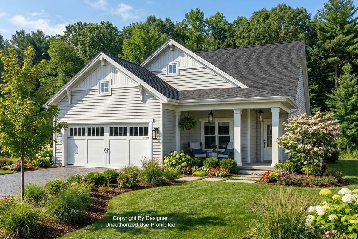 A charming, light-colored house with a welcoming porch and a well-manicured lawn. The home is surrounded by lush green trees and colorful flowers.