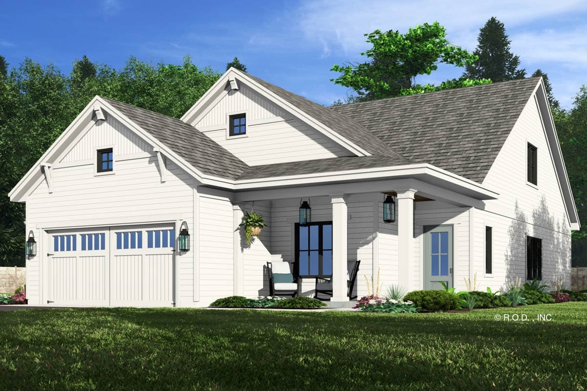 House plan exterior of a two-story Modern Farmhouse with a gabled roof, covered front porch, and a two-car garage.