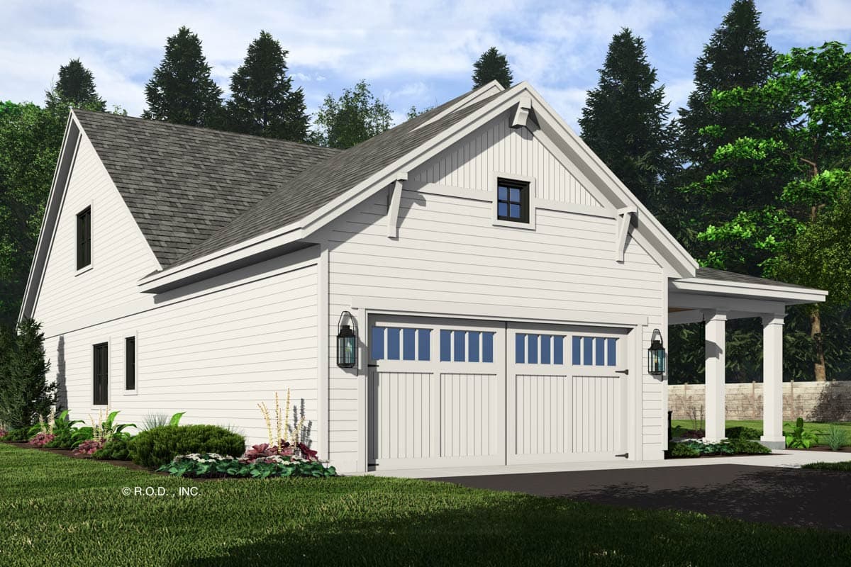 House plan exterior: Modern Farmhouse style, two-story, white siding, dual garage doors with glass, covered porch, gable with decorative brackets.