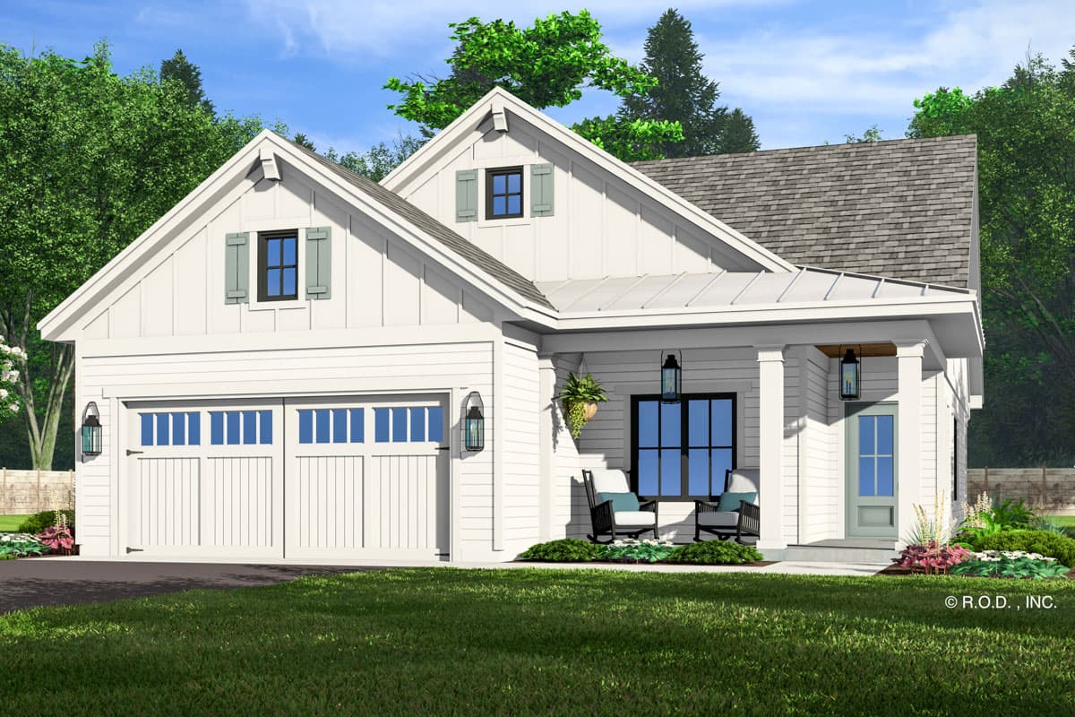 Modern Farmhouse house plan exterior with board and batten siding, gable dormer, metal roof porch, and a two-car garage.