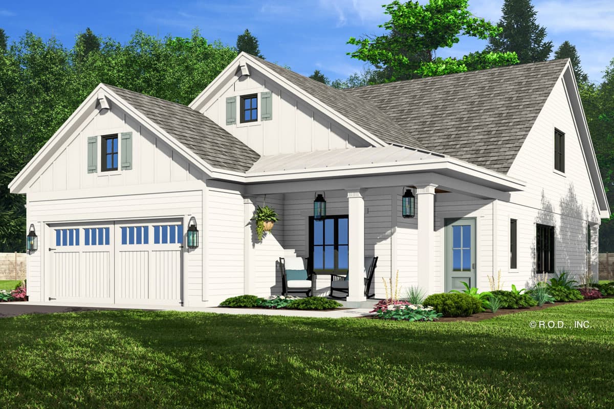 House plan exterior of a two-story Modern Farmhouse with a two-car side-entry garage and covered front porch with white columns.