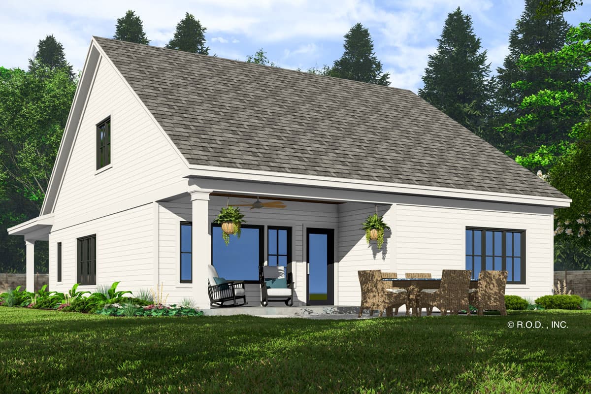 House plan exterior: Modern farmhouse style, two stories, gable roof, covered porch with seating, and large windows.