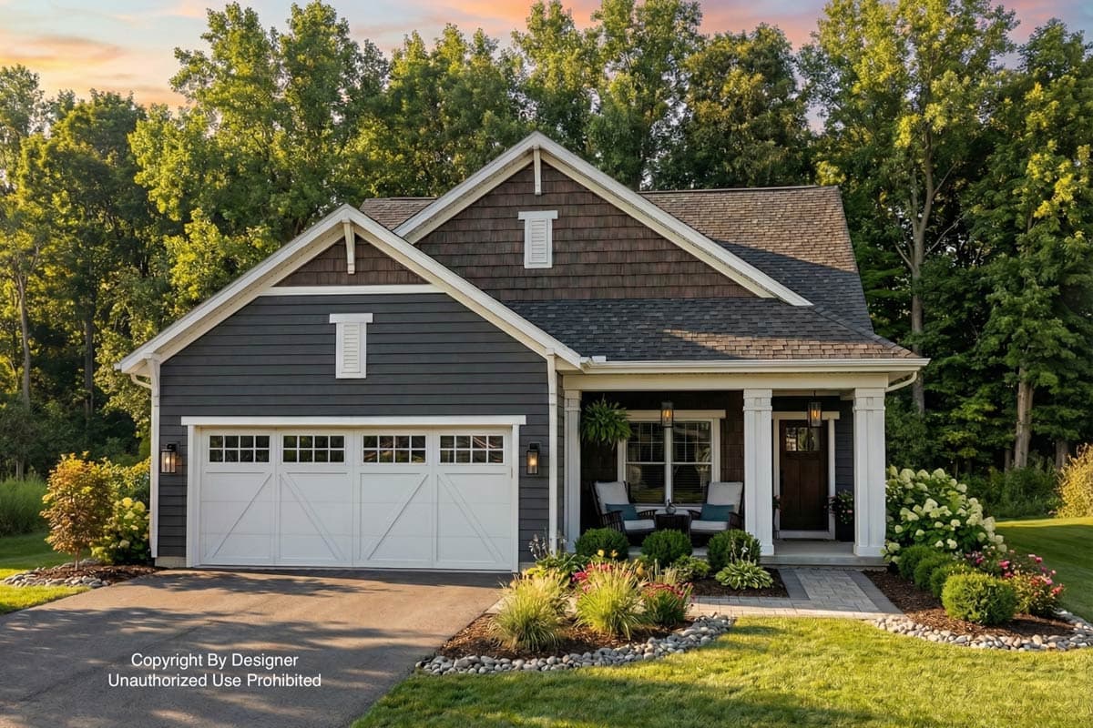 A charming, modern house with dark gray siding, a white garage door, and a brown shingle roof. Landscaping includes green lawn, bushes, and trees.