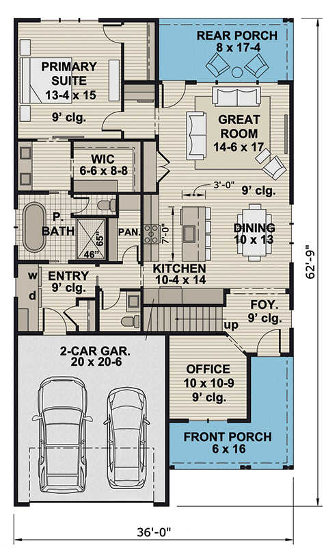 Plan 14895RK: Two-Story Craftsman House Plan with Loft Above - 2142 Sq Ft - Floor Plan - Main Level - Country, Craftsman, Traditional