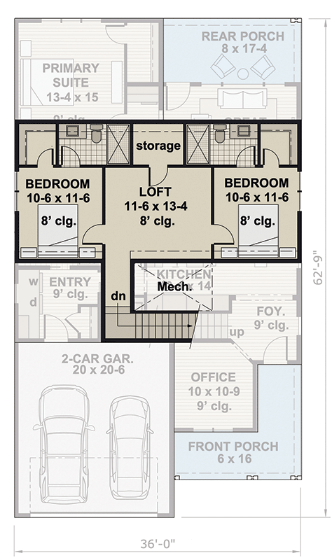 Plan 14895RK: Two-Story Craftsman House Plan with Loft Above - 2142 Sq Ft - Floor Plan - 2nd Floor - Country, Craftsman, Traditional