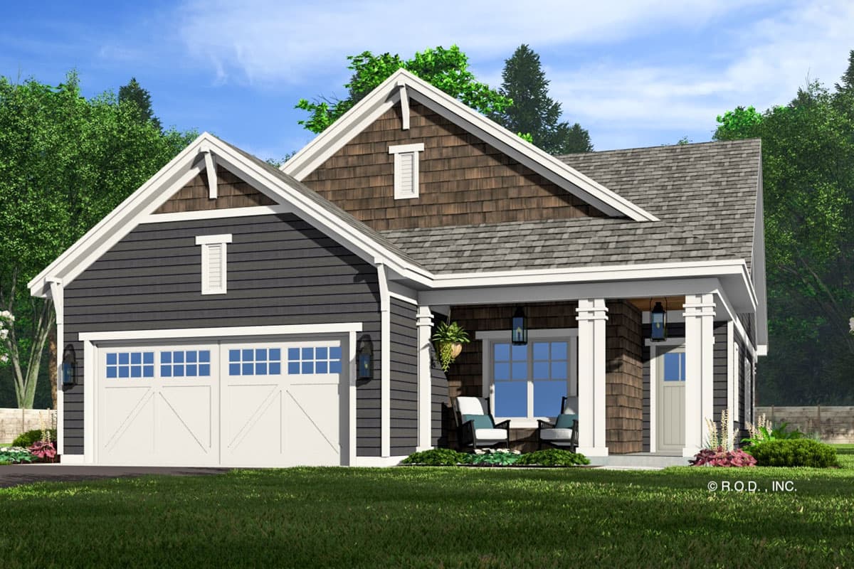 Craftsman style house plan exterior with two-car garage, covered front porch with columns, and shake and lap siding.